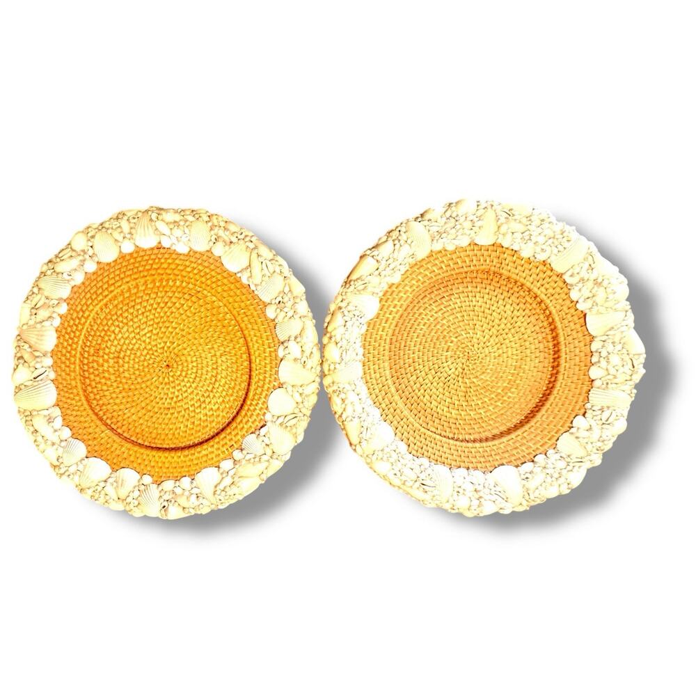 Pottery Barn Tava Sea Shell Rimmed Handwoven Rattan Beach Charger Plate Set Of 2 - Picture 3 of 7